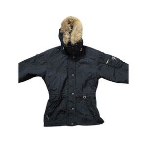 TYROLIA Jacket Women VTG Black Snow Ski Parka  Zip Sz 10 Coyote Fur Hood